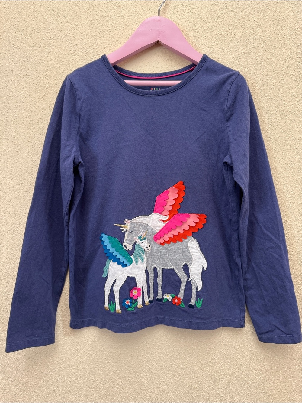 Mini Boden Girls' Long-Sleeve Appliqué Unicorns Top with Colorful Wings 9-10Y